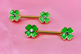 Pair of Green and Gold Clover Flower with Clear Stone Nipple Barbell. Nipple Piercing. Nipple Jewelry.